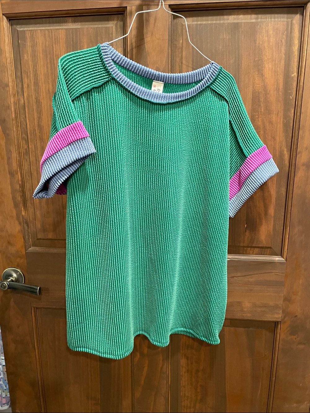7th Ray Green Knit Top with Pink & Gray Trim NWOT